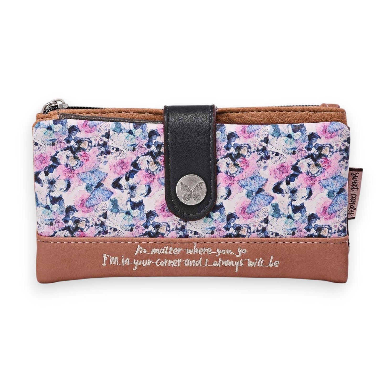Geldbörse mit Schmetterling-Blumenmuster, braunem Leder und Aufschrift. Silberner Knopf mit Schmetterlingsmotiv.