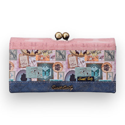 Vintage-Geldbörse mit Postmotiven, Schmetterlingen und Briefmarken. Rosa und blau, mit goldenen Verschlüssen und Sweet Can...