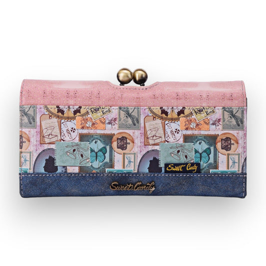 Vintage-Geldbörse mit Postmotiven, Schmetterlingen und Briefmarken. Rosa und blau, mit goldenen Verschlüssen und Sweet Can...