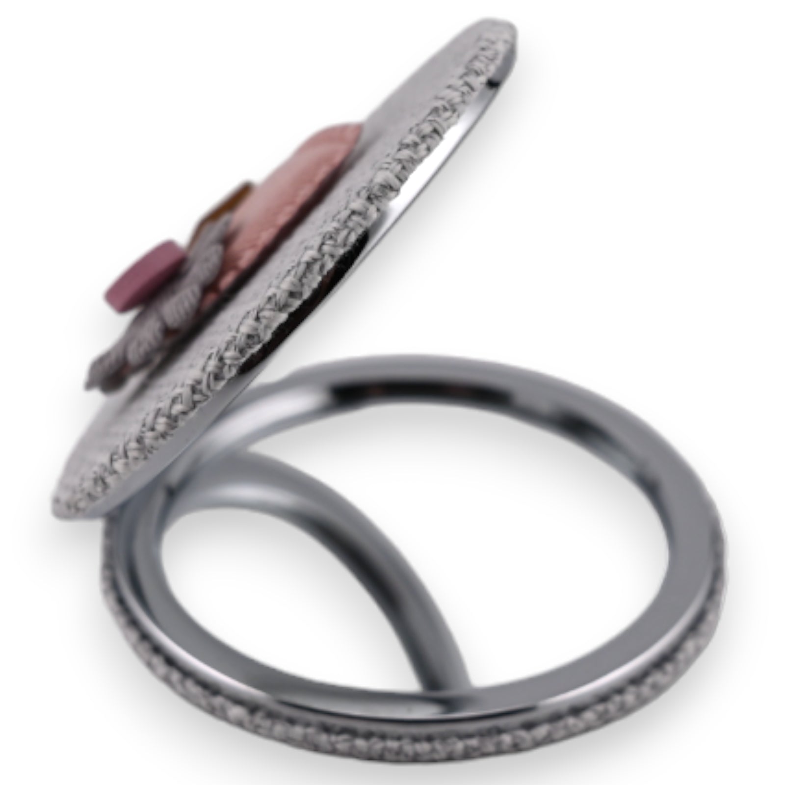 Eleganter Taschenspiegel mit 3D-Rosenblüte, grau-silbern mit Verzierungen und rosafarbenen Akzenten