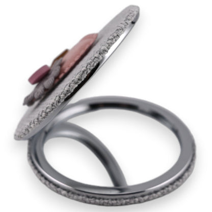 Eleganter Taschenspiegel mit 3D-Rosenblüte, grau-silbern mit Verzierungen und rosafarbenen Akzenten