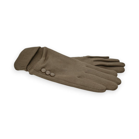 Elegante taupefarbene Damenhandschuhe aus Stoff und Wildleder mit drei Zierknöpfen und Strickbündchen