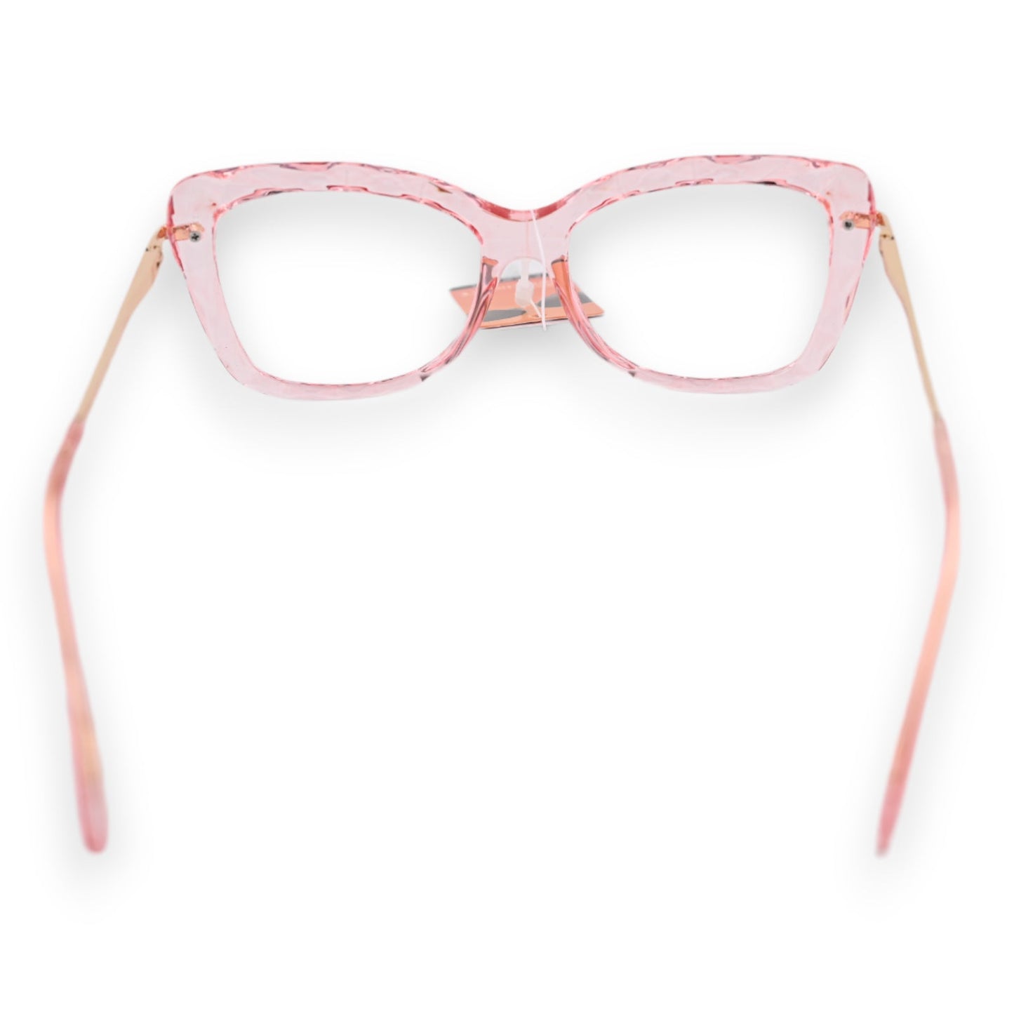 Transparente rosa Brille mit goldfarbenen Bügeln, cat-eye Form, modisches Accessoire für Damen