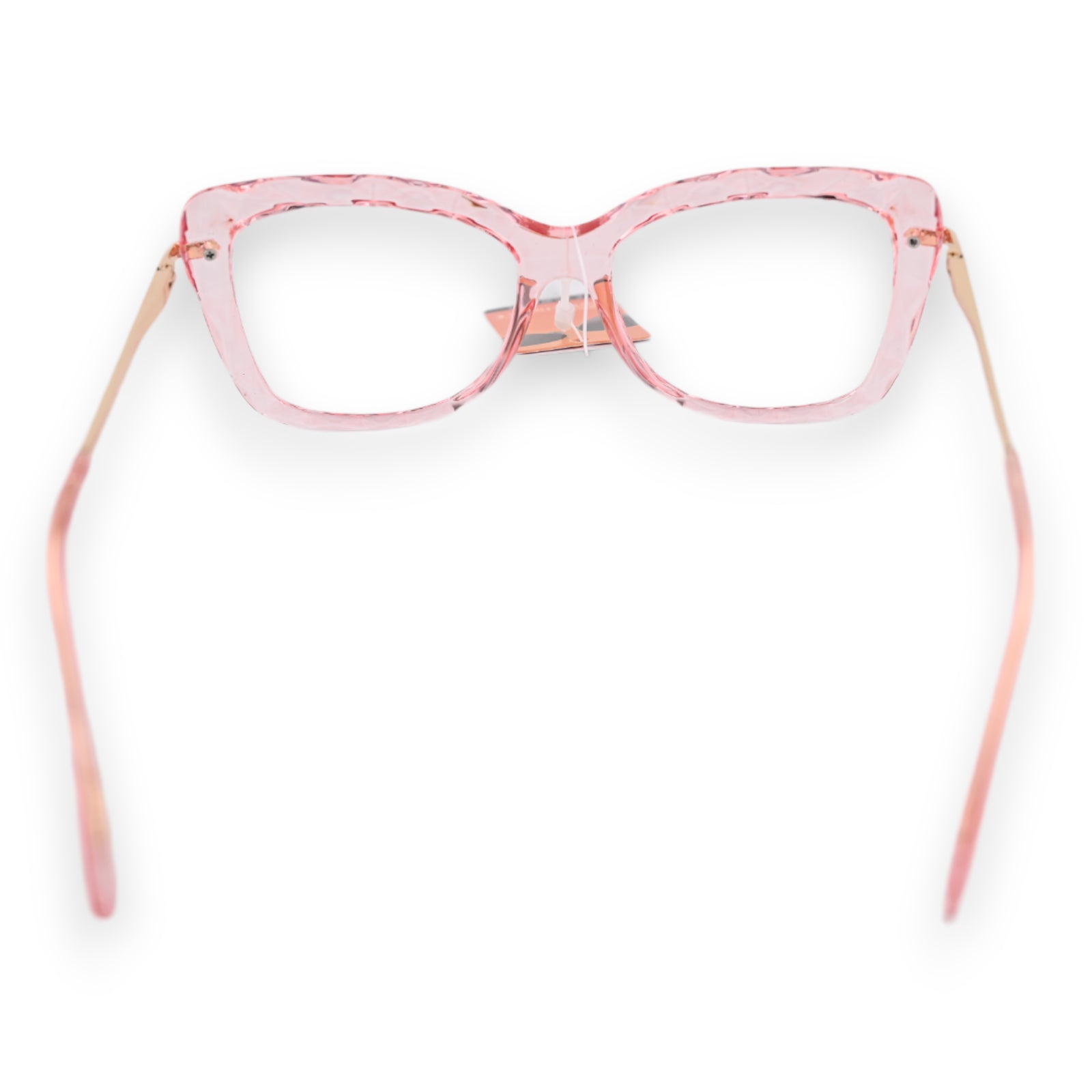 Transparente rosa Brille mit goldfarbenen Bügeln, cat-eye Form, modisches Accessoire für Damen