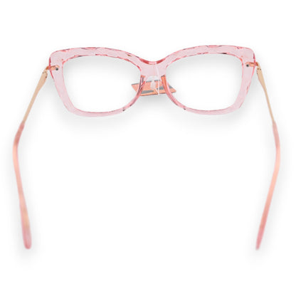 Transparente rosa Brille mit goldfarbenen Bügeln, cat-eye Form, modisches Accessoire für Damen