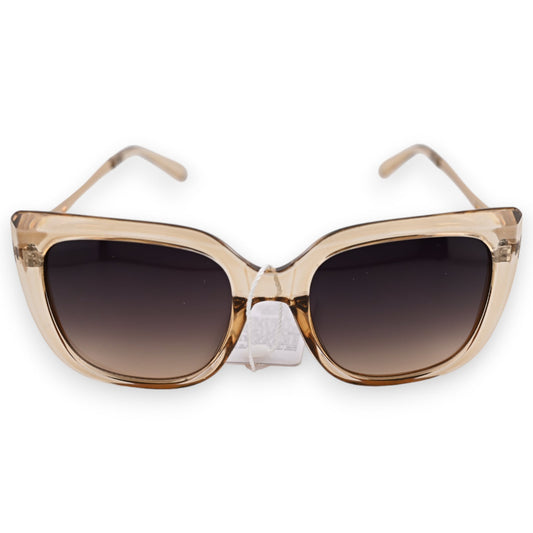 Stilvolle Sonnenbrille mit transparentem beigem Rahmen und großen Gläsern, Cateye-Form, Verlaufsgläser in Braun