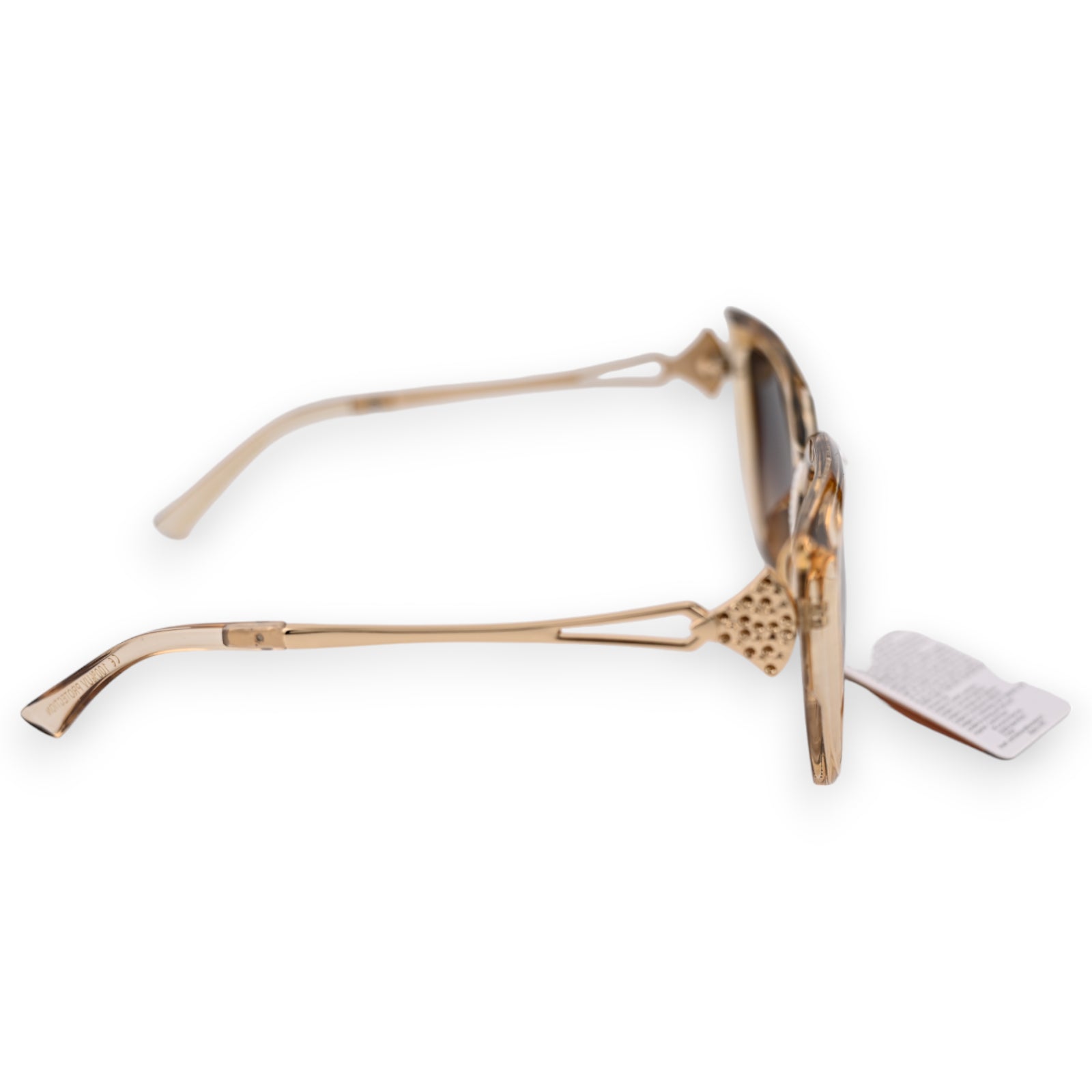 Elegante Sonnenbrille mit beigefarbenem Rahmen, geschwungenen Bügeln und dekorativem Leopardenmuster am Gelenk