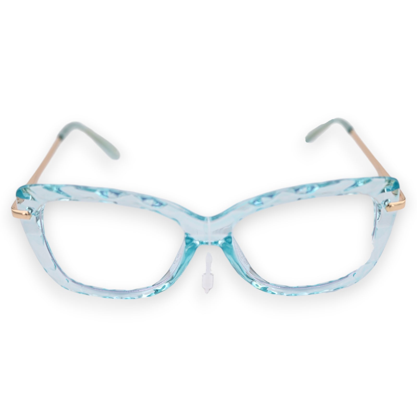 Transparente hellblaue Brille mit türkis marmoriertem Rahmen und goldenen Bügeln, modisches Accessoire