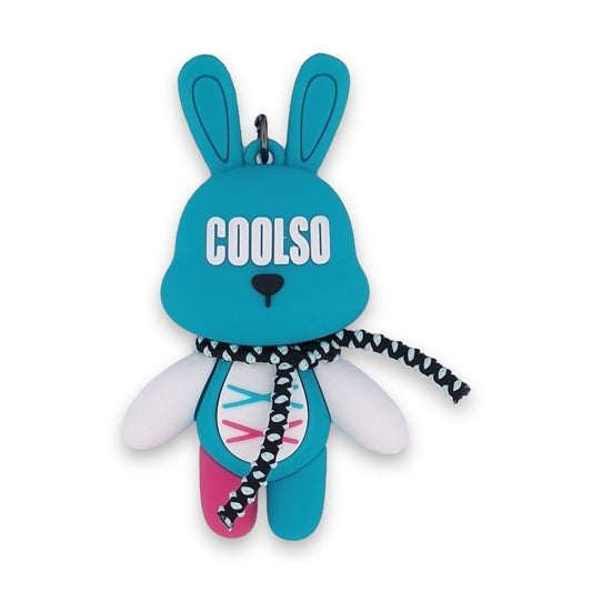 Blau-grüner COOLSO Kaninchen-Schlüsselanhänger mit weißem Bauch, rosa Pfote und gepunktetem Schal, süßes Kinderspielzeug