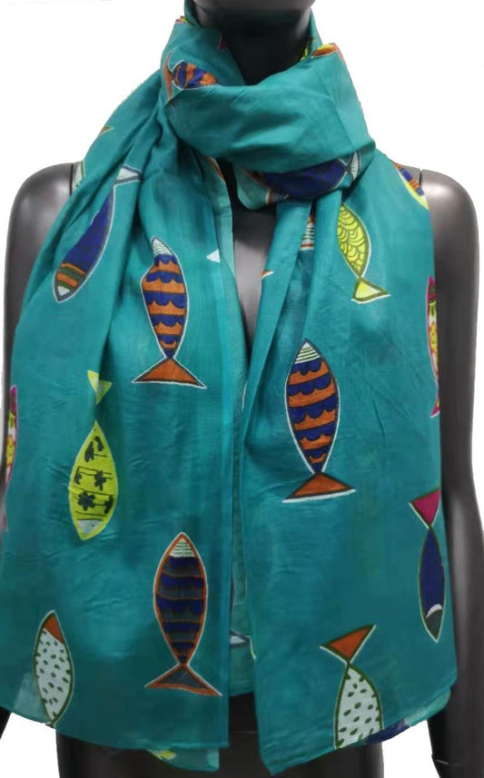 Frauen Schal mit blauer Enten-Fisch-Motiv