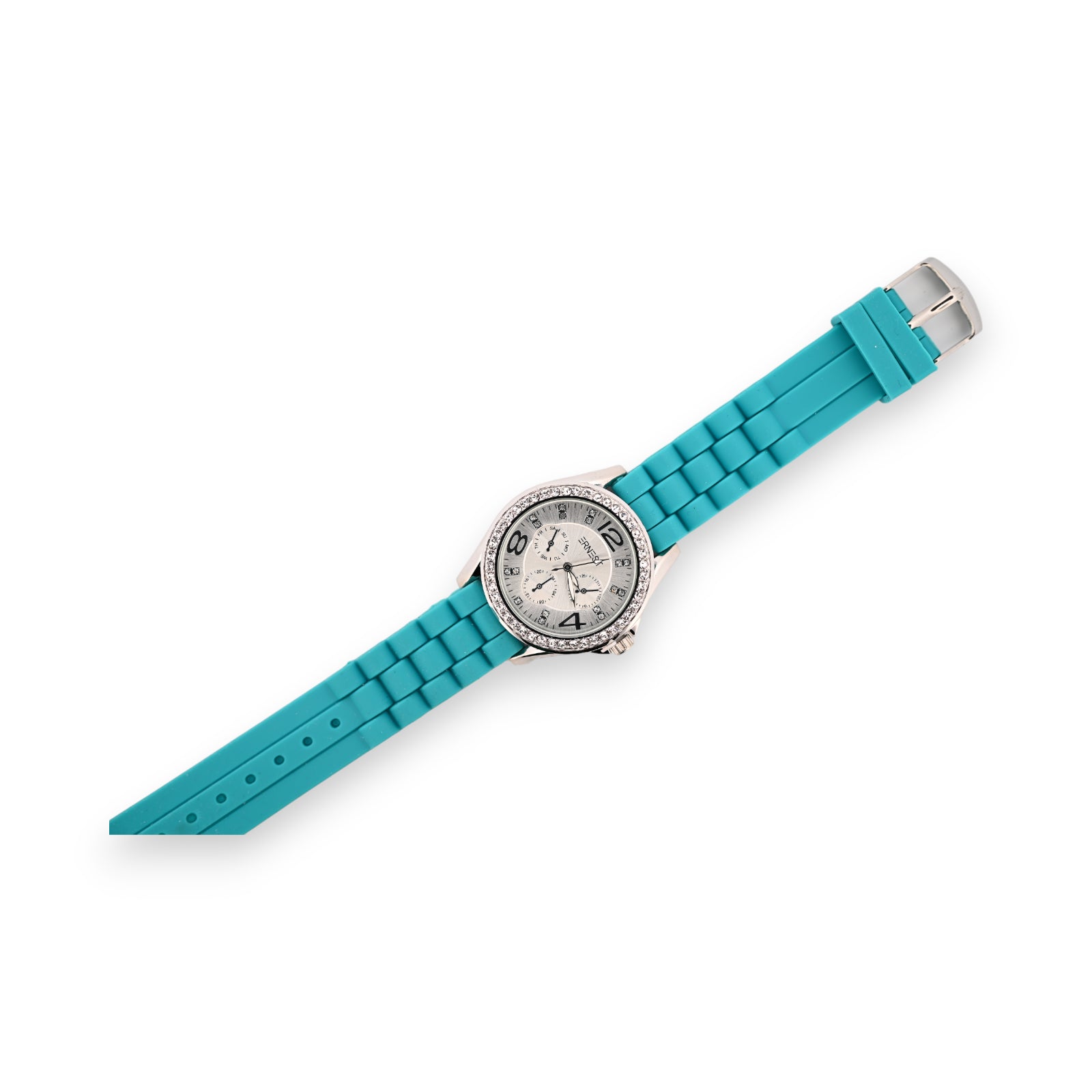 Türkisfarbene Damenuhr mit Silikonarmband, rundem Zifferblatt und Chronographen-Funktion, Strass-Besatz um das Gehäuse