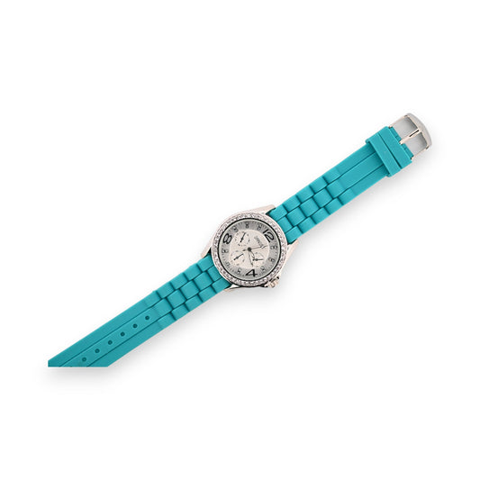 Türkisfarbene Damenuhr mit Silikonarmband, rundem Zifferblatt und Chronographen-Funktion, Strass-Besatz um das Gehäuse