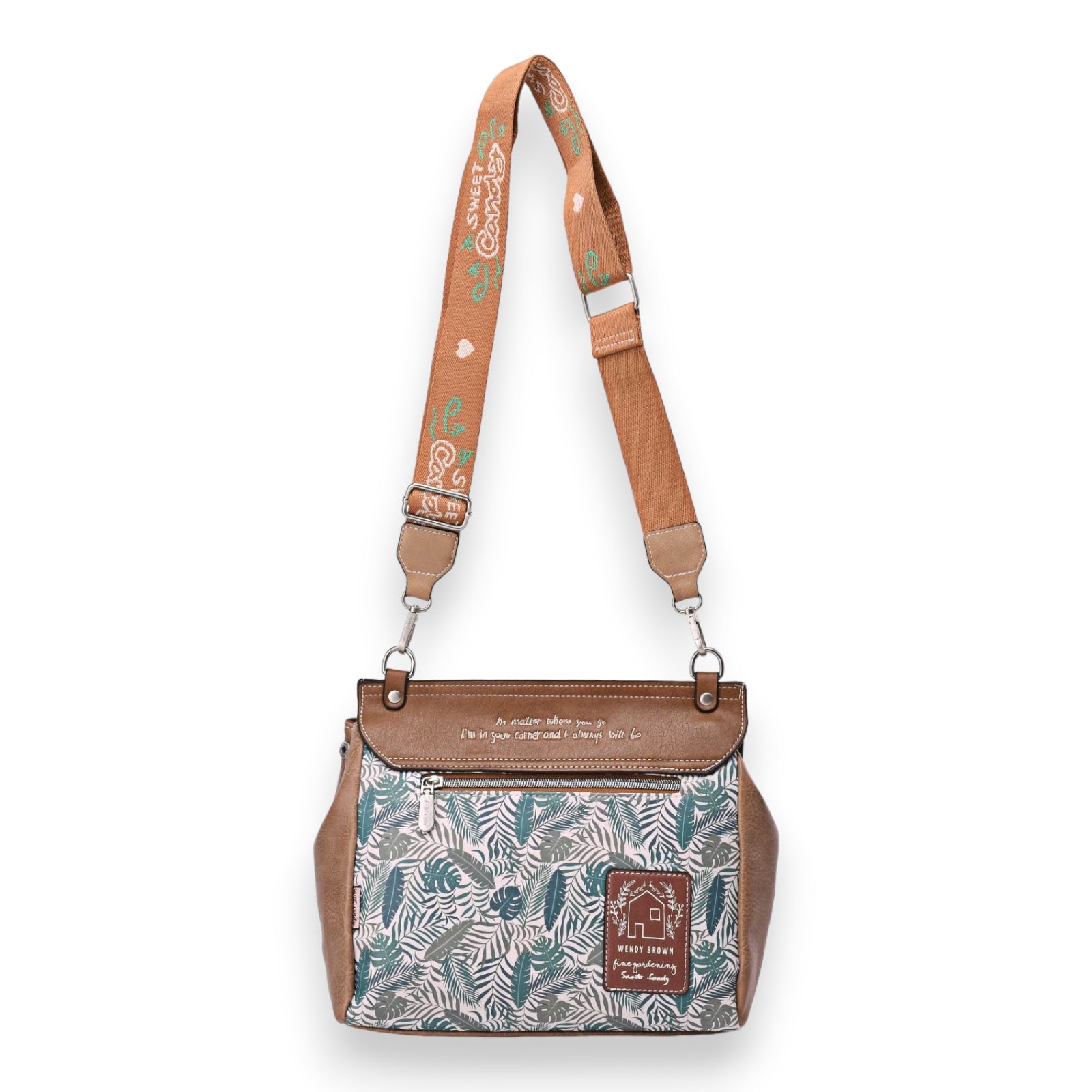 Quadratische Umhängetasche mit tropischem Muster, braunem Leder und verstellbarem Schulterriemen, Sweet & Candy Design