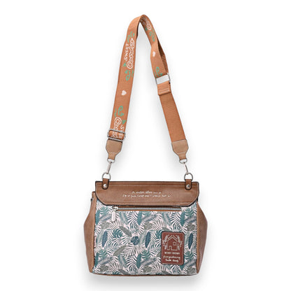 Quadratische Umhängetasche mit tropischem Muster, braunem Leder und verstellbarem Schulterriemen, Sweet & Candy Design