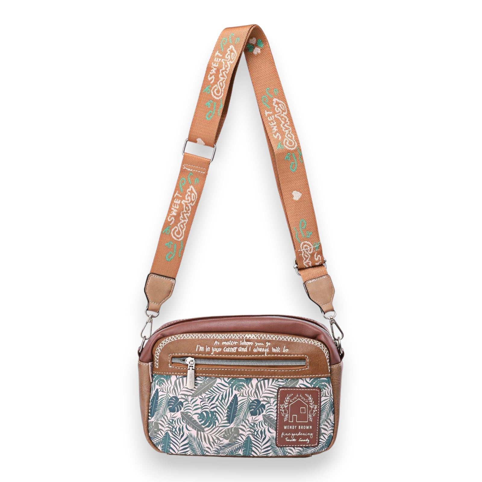 Umhängetasche Sweet & Candy in Brauntönen mit Blattmuster, Reißverschluss und verstellbarem Schulterriemen, Wendy Brown De...