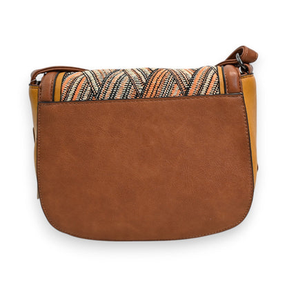 Braune Umhängetasche mit Webmuster-Detail, rundem Design und verstellbarem Riemen, aus Leder und Textil