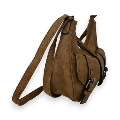 Umhängetasche aus braunem Taupe-Leder mit Vordertasche und verstellbarem Riemen