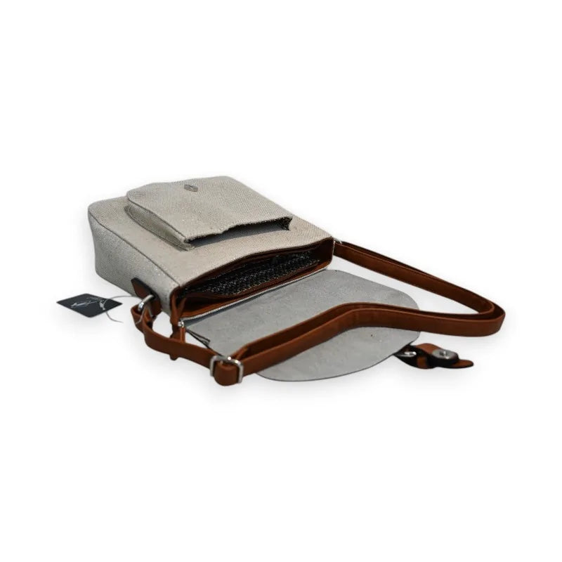 Umhängetasche aus Leinen und Silber mit braunem Trageriemen, Verschluss und Metalldetails...