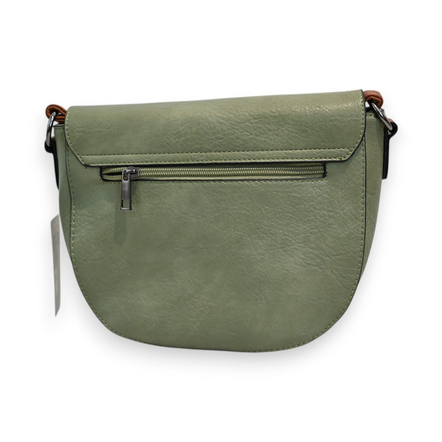 Grüne Leder-Umhängetasche mit Reißverschluss, vintage-inspiriertes Design, braune Träger, elegante Form