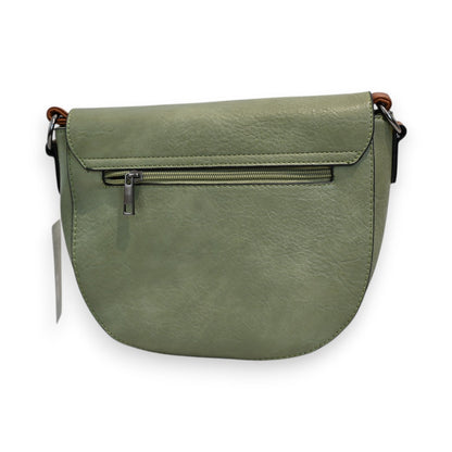 Grüne Leder-Umhängetasche mit Reißverschluss, vintage-inspiriertes Design, braune Träger, elegante Form