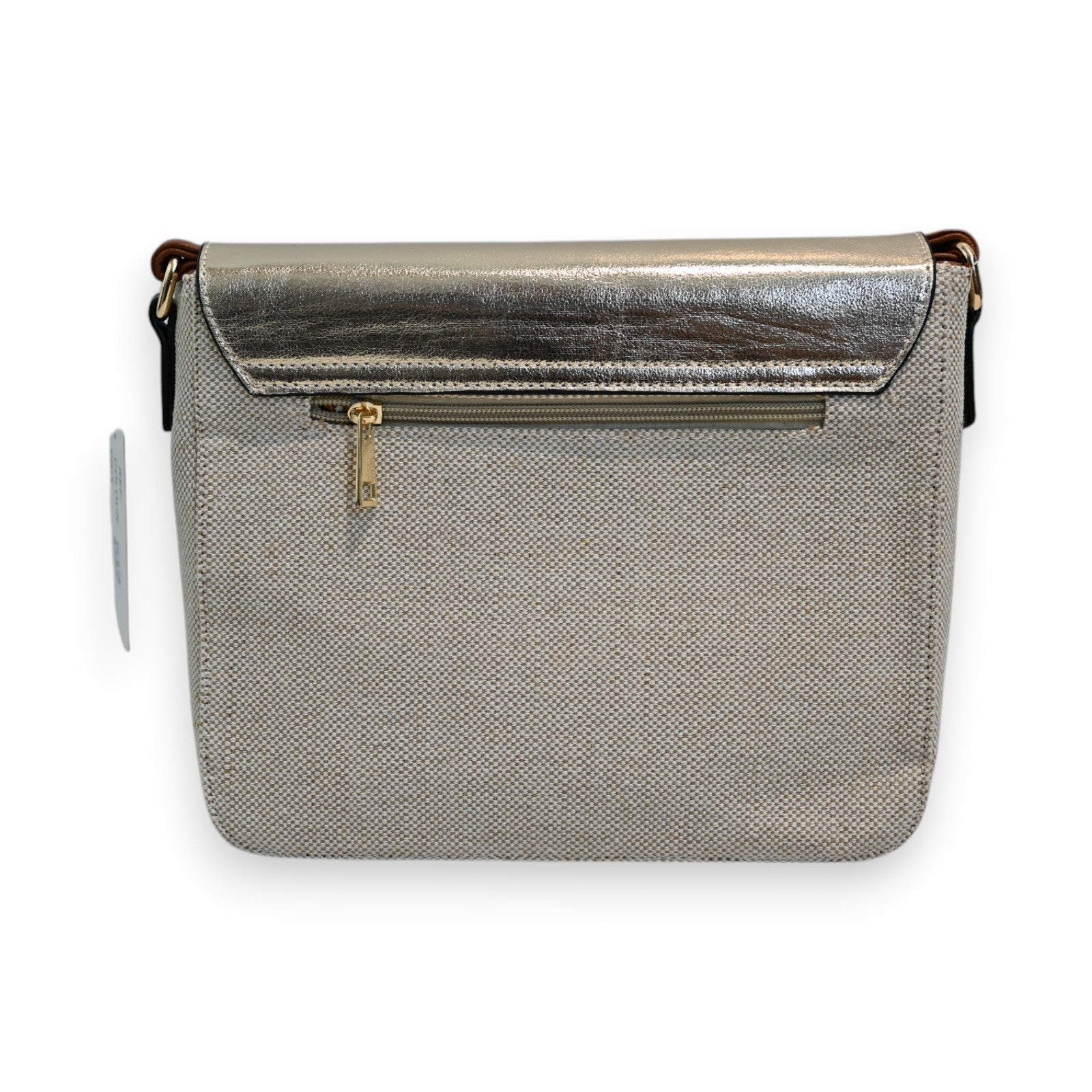 Elegante Umhängetasche aus Leinen und Gold mit Metallverschluss, Reißverschluss und verstellbarem Riemen