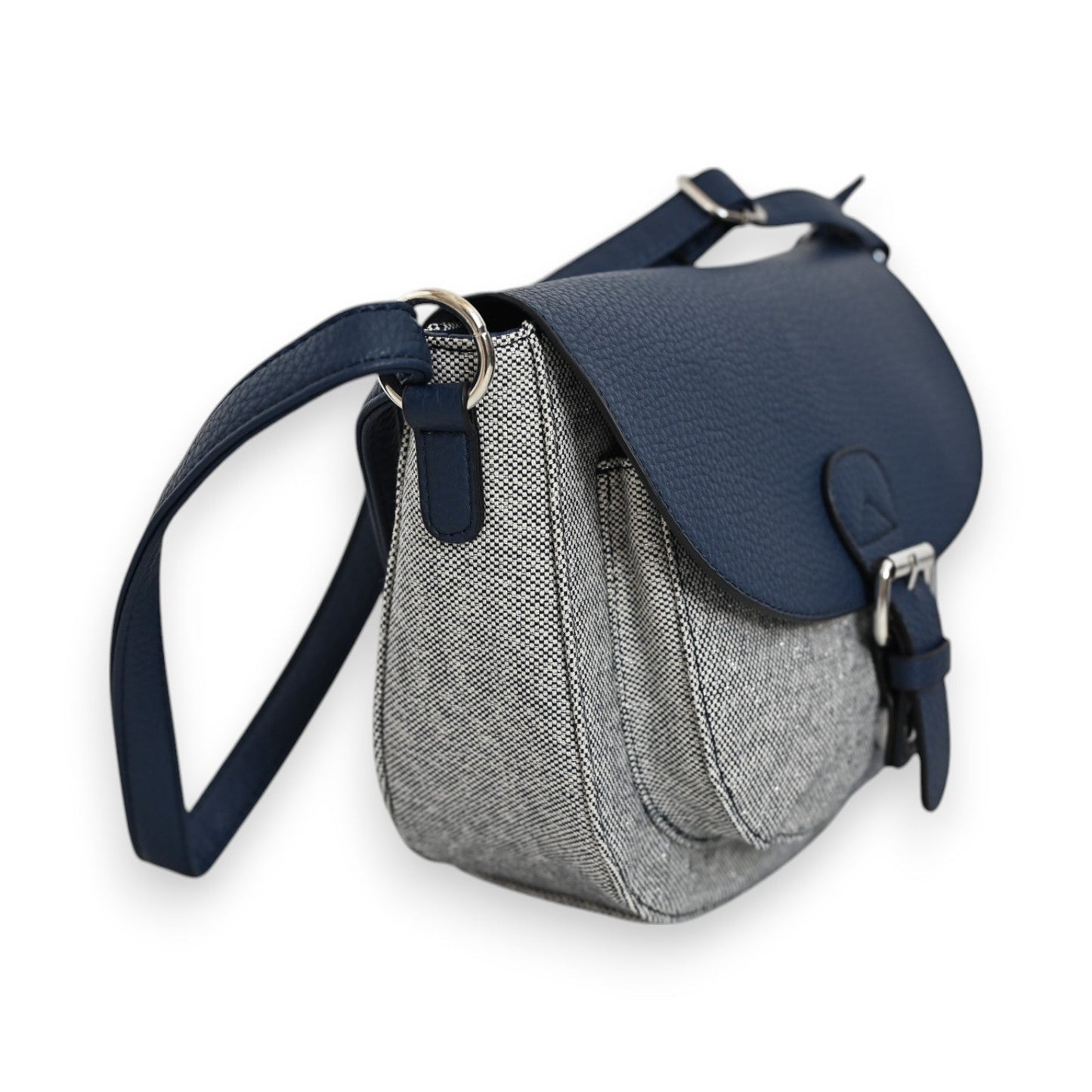 Stilvolle Umhängetasche in Marineblau und Grau, mit Vintage-Flair, Lederklappe und verstellbarem Schulterriemen