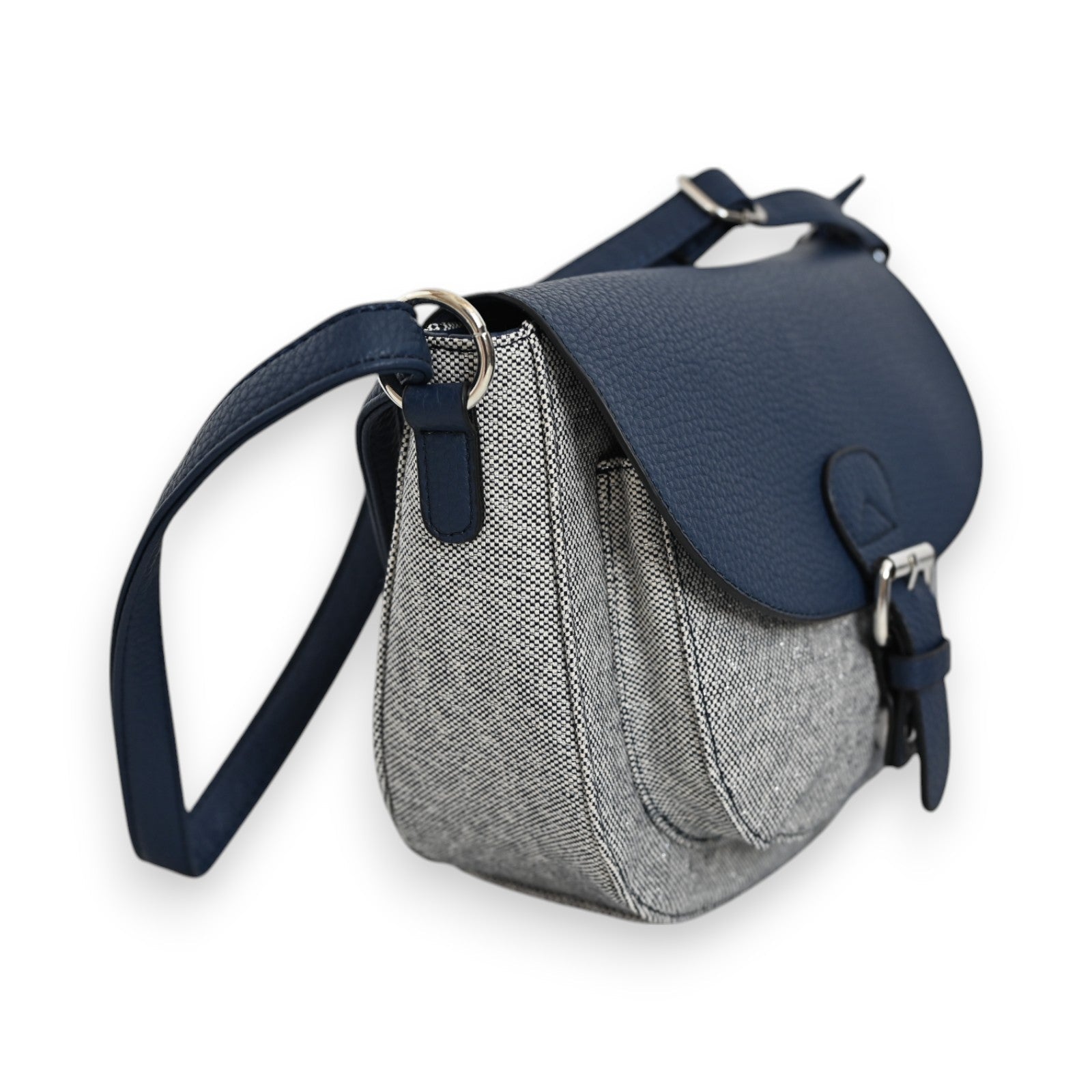 Stilvolle Umhängetasche in Marineblau und Grau, mit Vintage-Flair, Lederklappe und verstellbarem Schulterriemen