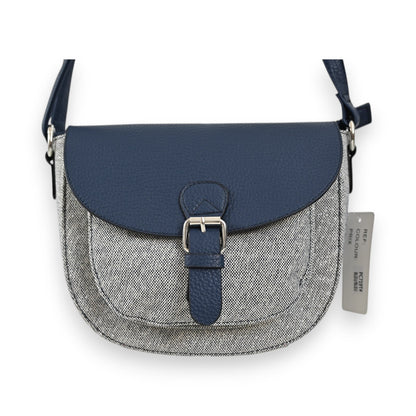 Elegante Umhängetasche Mélanie Paris in Vintage-Optik, grauer Tweed mit marineblauem Lederbesatz und Schnalle