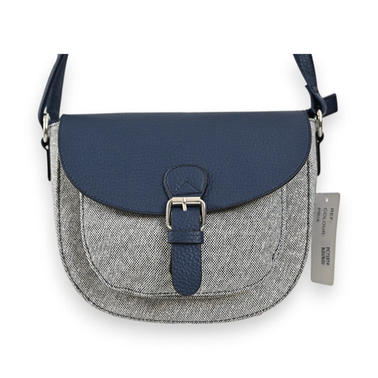 Elegante Umhängetasche Mélanie Paris in Vintage-Optik, grauer Tweed mit marineblauem Lederbesatz und Schnalle