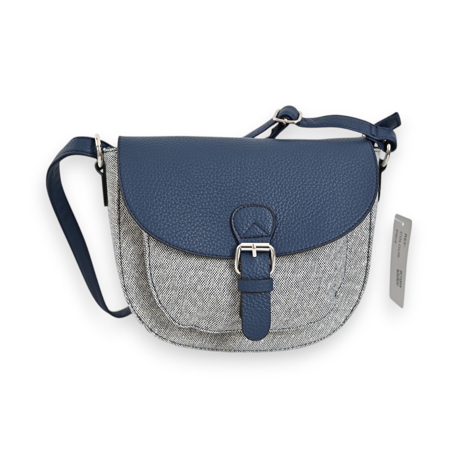 Elegante Umhängetasche in Navy und Grau, mit Lederdetails und Schnalle, Vintage-Look, Mélanie Paris Modell