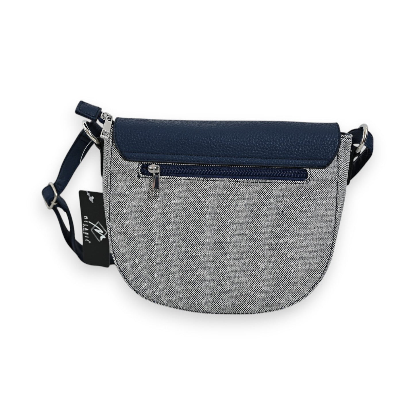 Umhängetasche Mélanie Paris Vintage Navy mit grauem Tweed-Stoff und marineblauem Lederbesatz, Reißverschluss und verstellb...