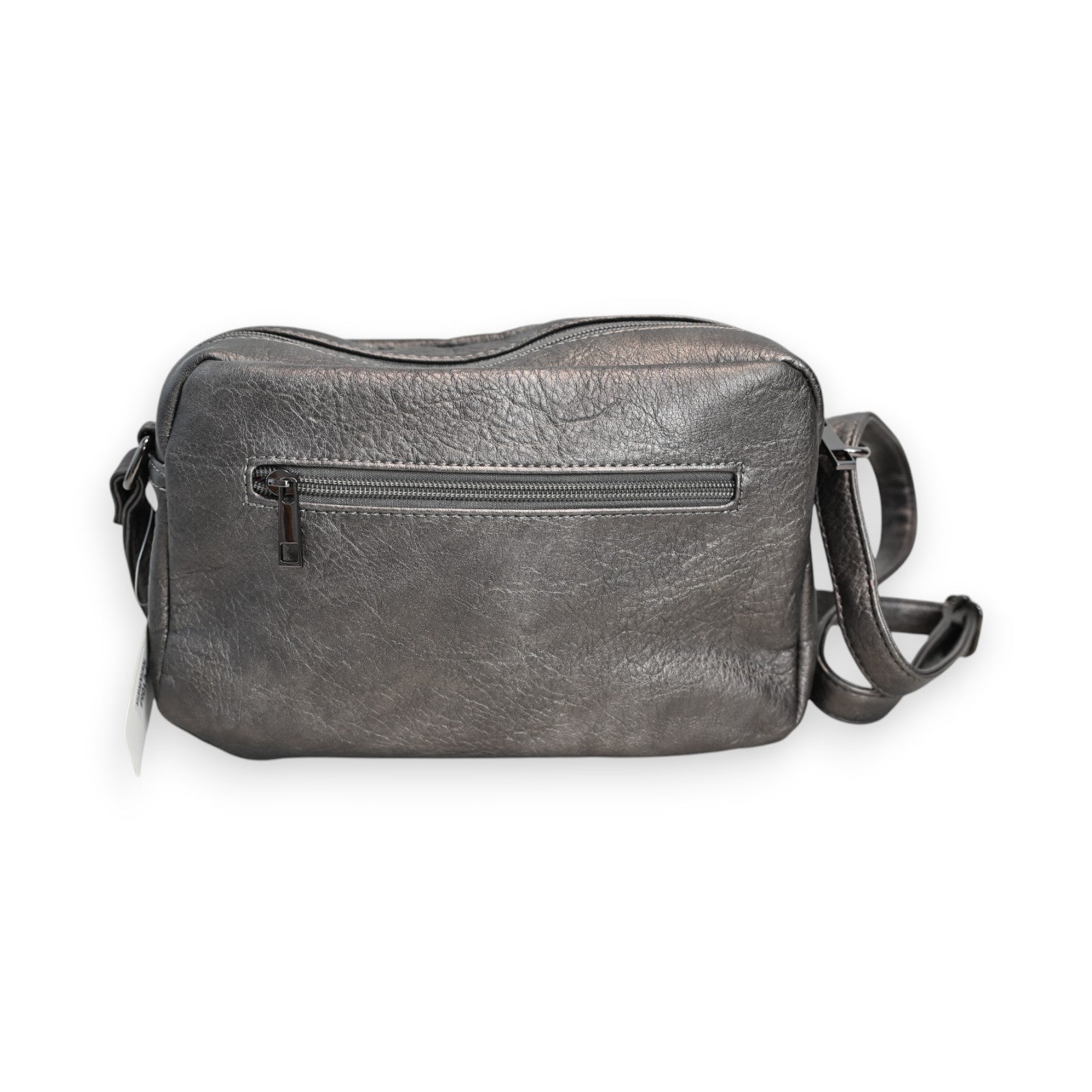 Elegante graue Leder-Umhängetasche mit Reißverschluss, metallischem Finish und verstellbarem Schulterriemen
