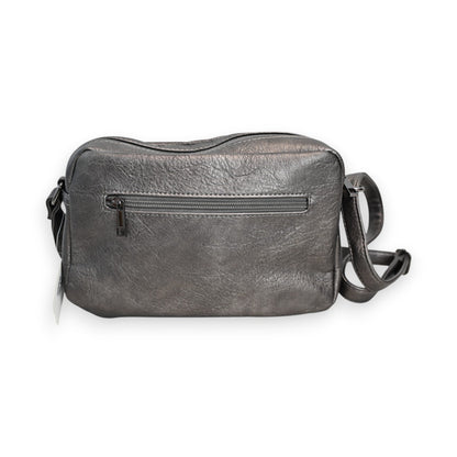 Elegante graue Leder-Umhängetasche mit Reißverschluss, metallischem Finish und verstellbarem Schulterriemen