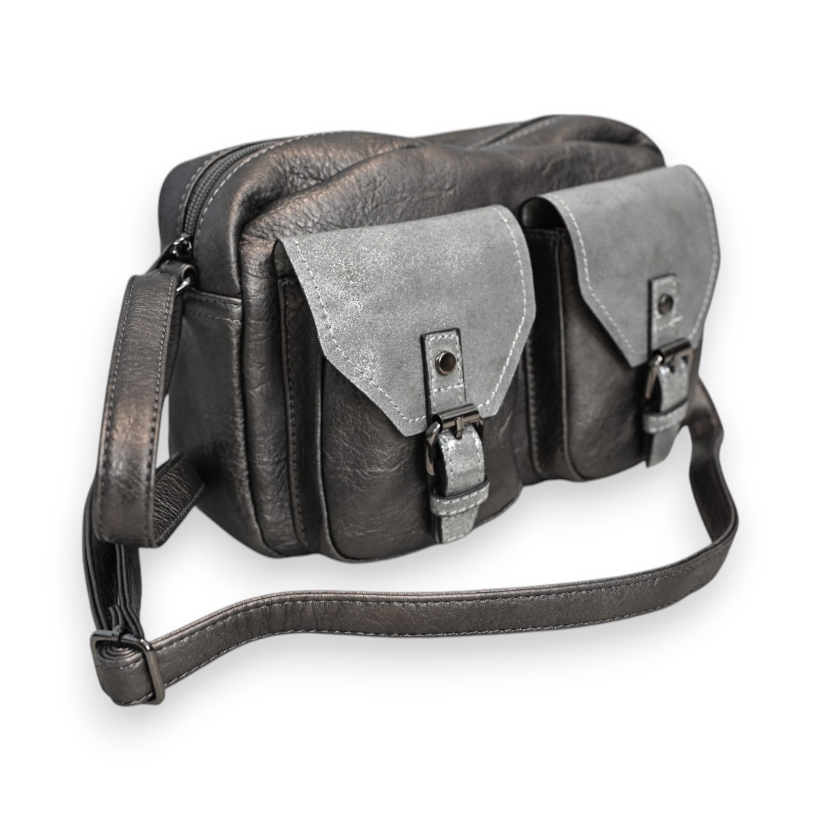 Elegante graue Leder-Umhängetasche mit zwei Fronttaschen und metallischen Akzenten, Urban-Chic-Stil, verstellbarer Riemen