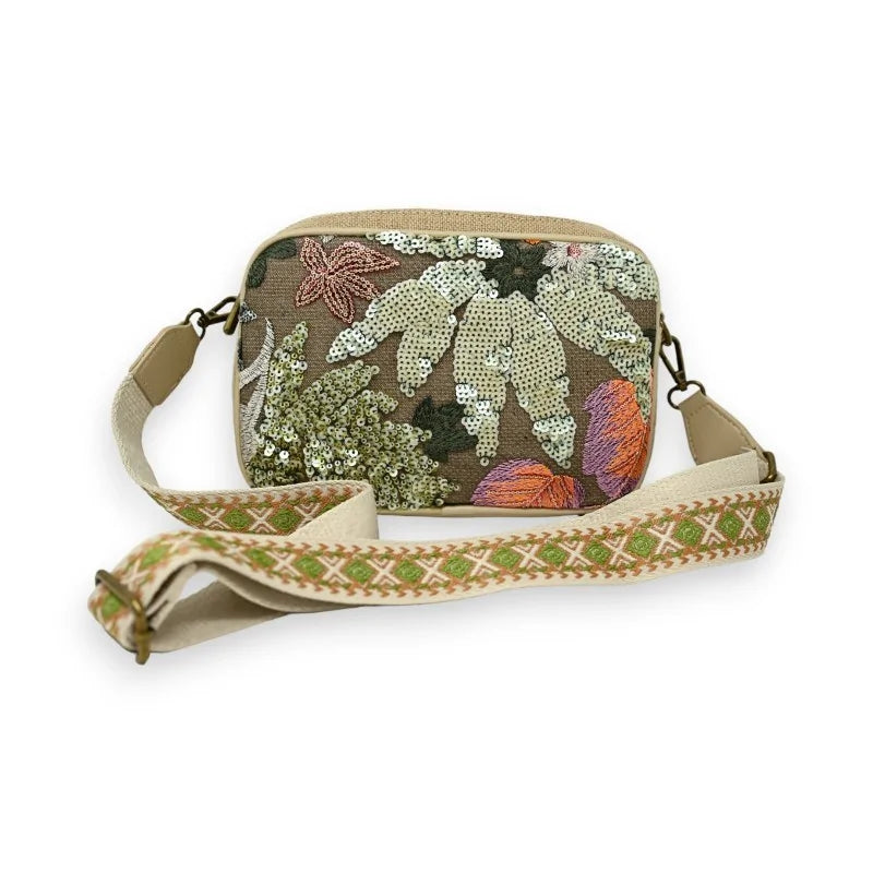 Starre Umhängetasche mit grünen Blumenstickereien