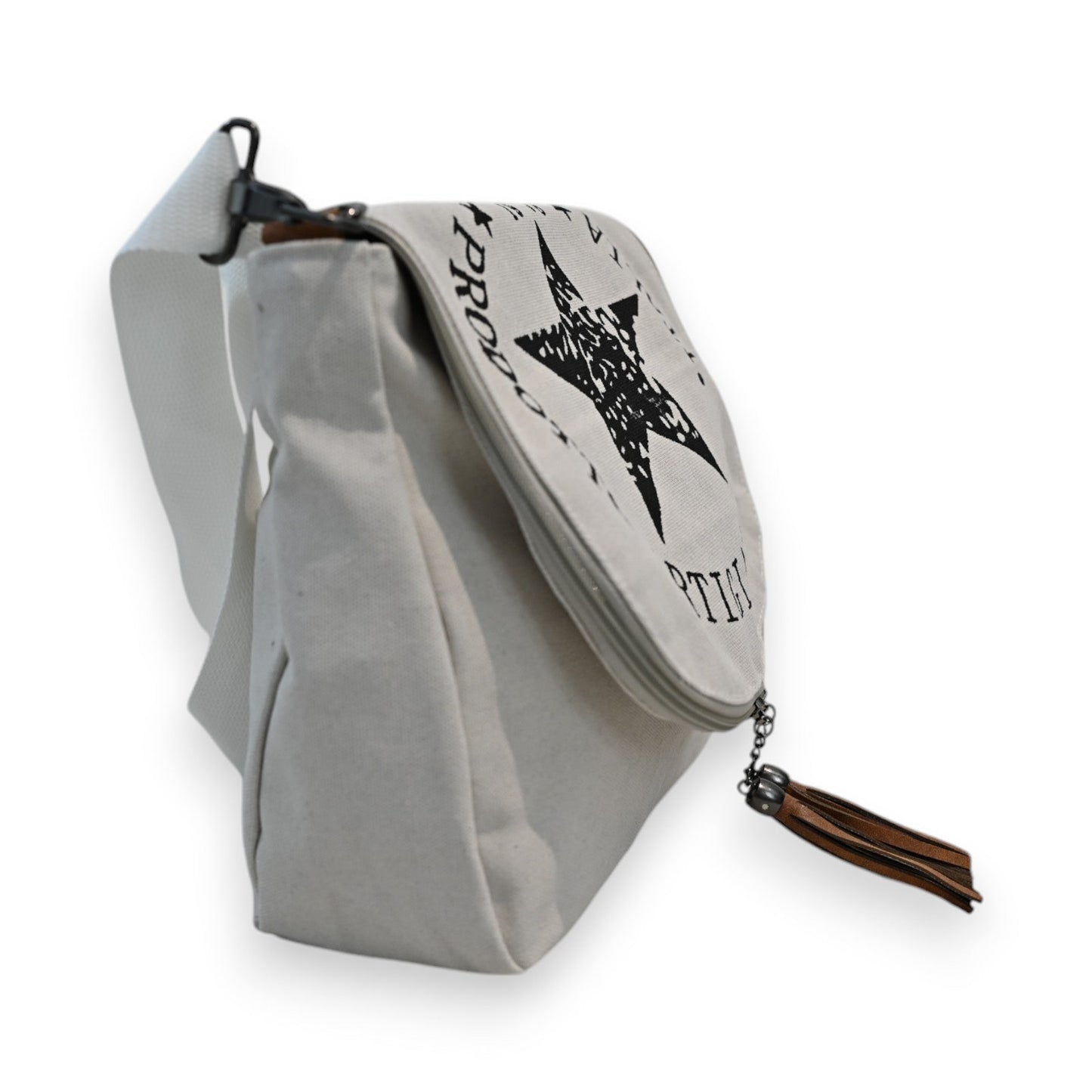 Weiße Canvas-Umhängetasche mit schwarzem Stern-Aufdruck, Urban-Style, Reißverschluss und Lederquaste