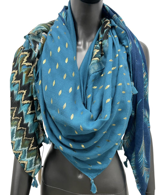 Vierseitiger Patchwork-Schal Quattro Pfauenblau