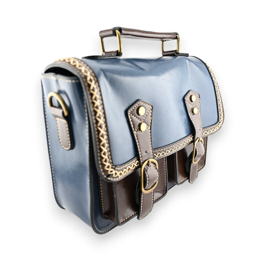 Vintage Aktentasche in Blau und Braun mit Lederriemen, Goldschnallen und dekorativer Naht, elegantes Design