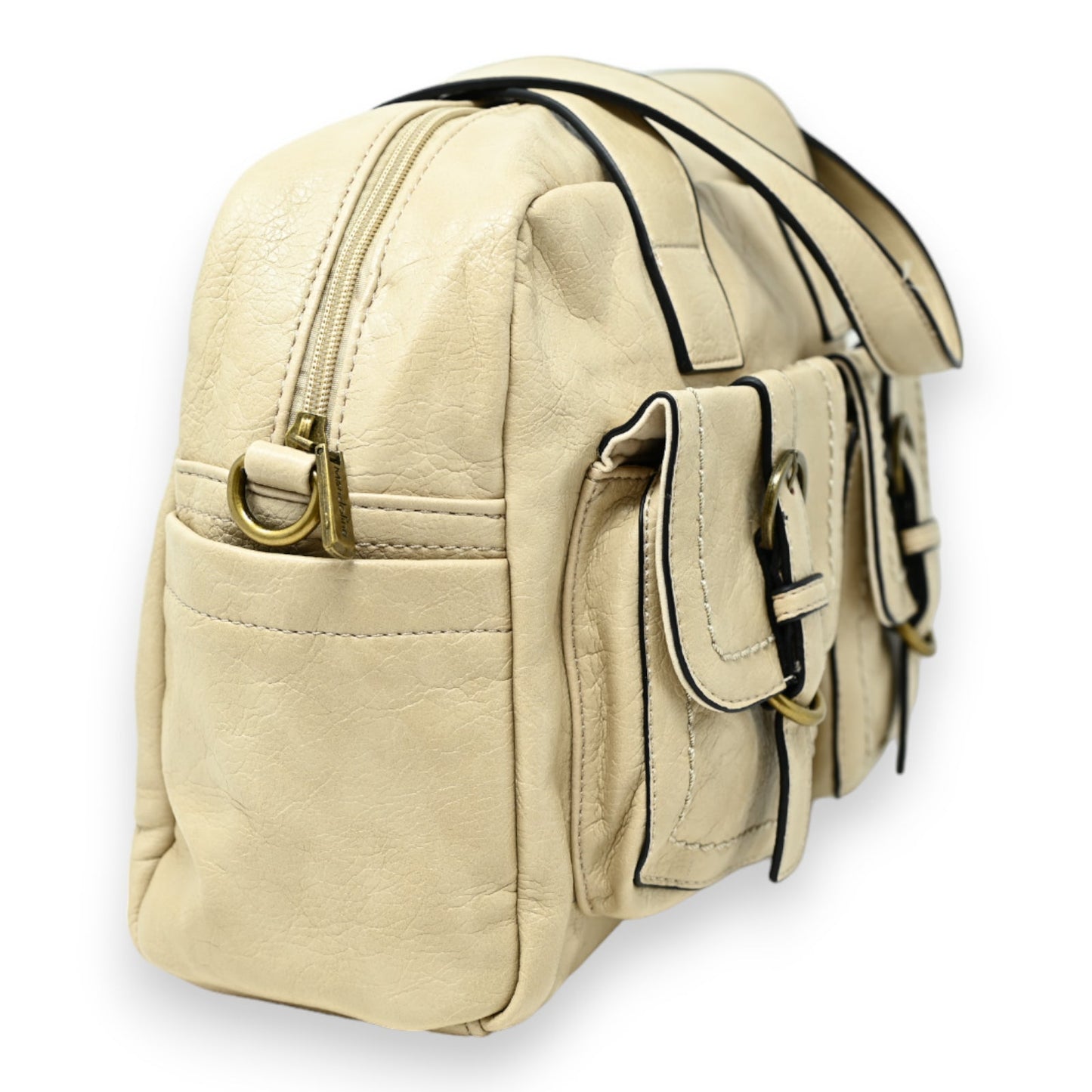 Vintage-Stil Beige Lederhandtasche mit Doppelfächern, Reißverschlüssen und Metallbeschlägen, seitliche Ansicht