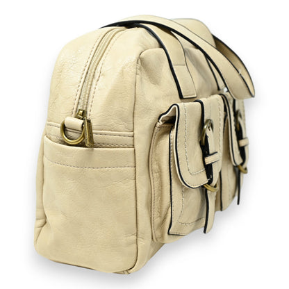 Vintage-Stil Beige Lederhandtasche mit Doppelfächern, Reißverschlüssen und Metallbeschlägen, seitliche Ansicht