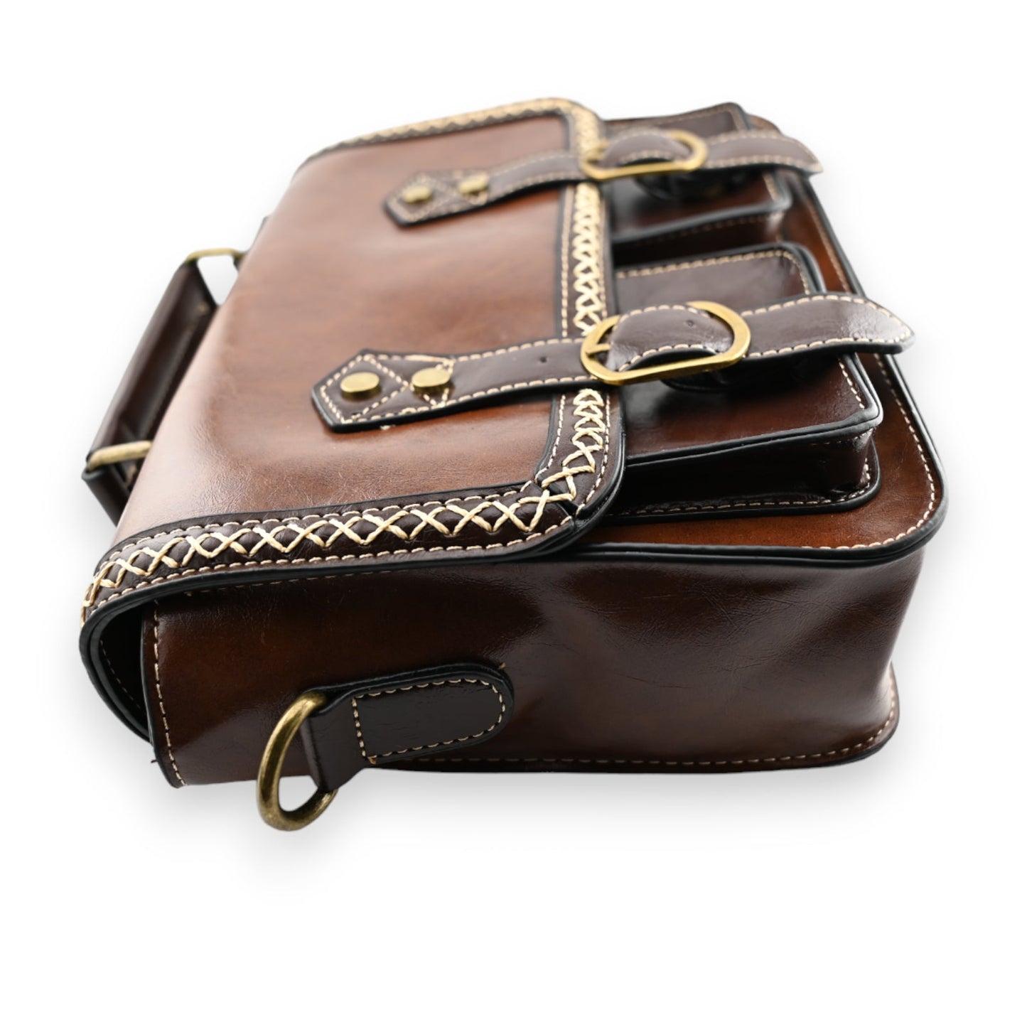Vintage braune Leder-Umhängetasche mit Riemen, Schnallen und dekorativer Naht, hochwertiges Handwerksprodukt