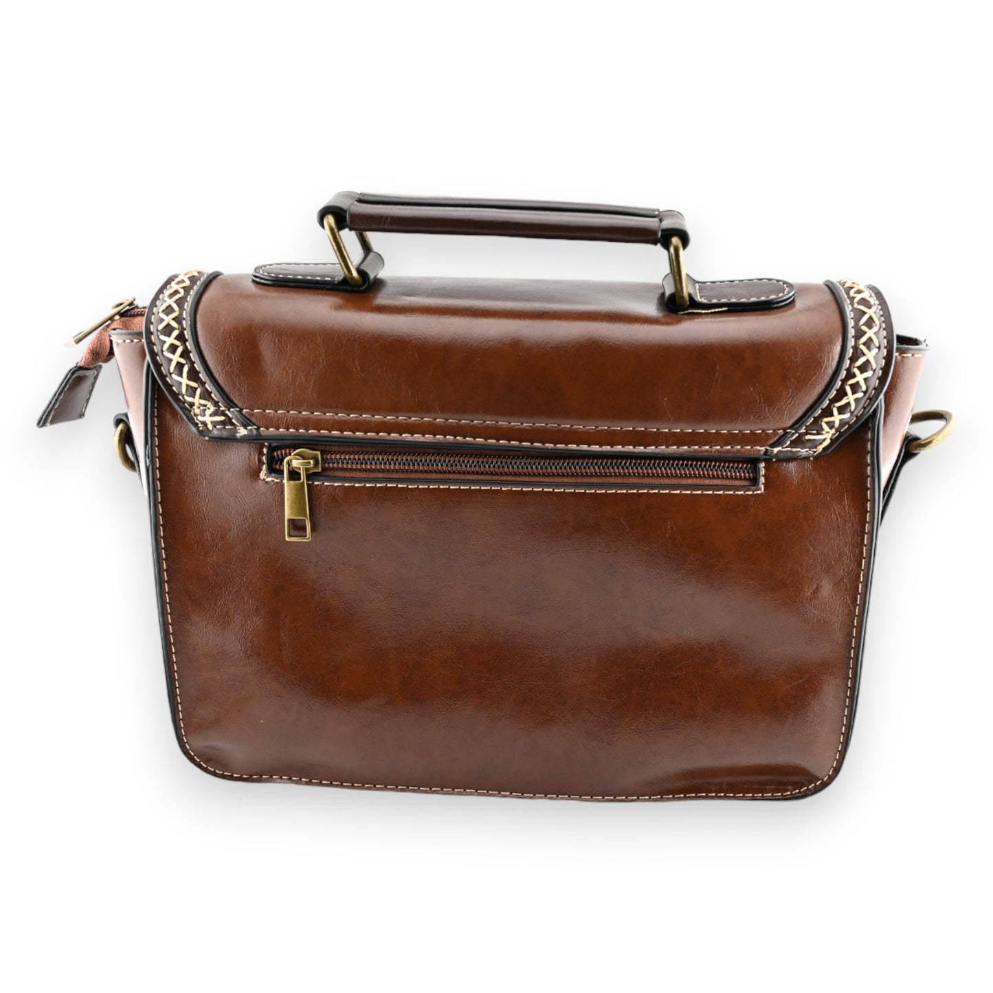 Vintage braune Leder-Umhängetasche mit Ziernähten, Metallgriffen und Reißverschluss, elegantes Design für Damen