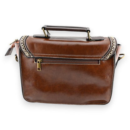 Vintage braune Leder-Umhängetasche mit Ziernähten, Metallgriffen und Reißverschluss, elegantes Design für Damen