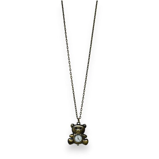 Vintage Halskette mit antiker Teddybär-Uhr-Anhänger aus Metall, lange Kette im Retro-Stil