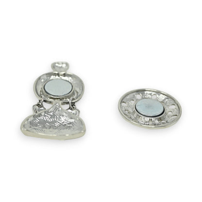 Vintage Silber-Brosche in Brillenform mit rundem Magnet und dekorativer Handtasche als Anhänger, Damenmode-Accessoire