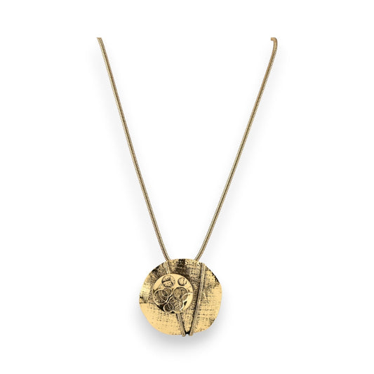 Vintage-goldene Halskette mit rundem Medaillon-Anhänger, geometrisches Reliefmuster, Ikita-Design, eleganter Schmuck