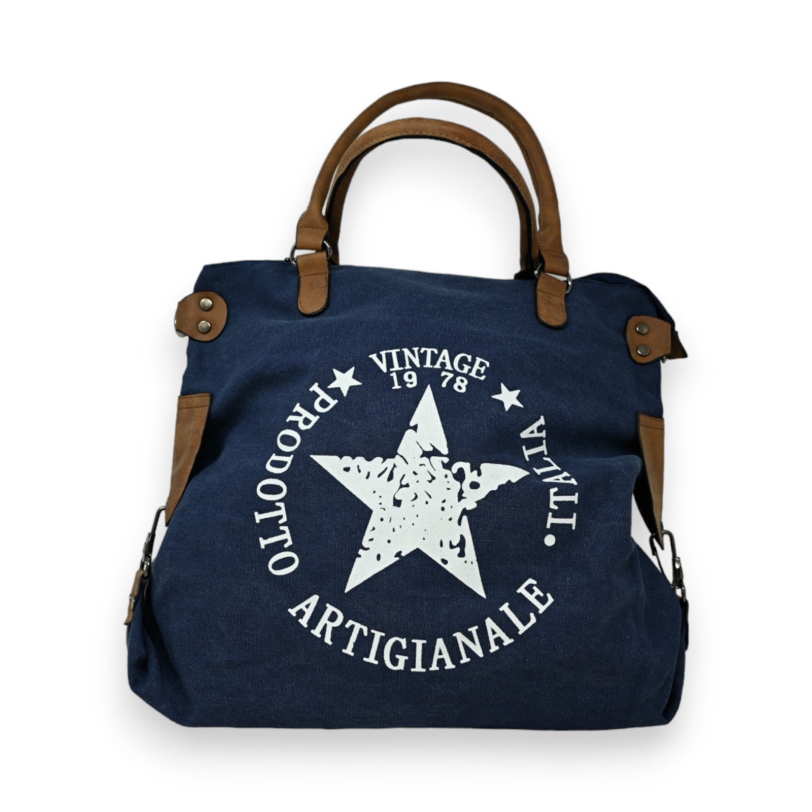 Vintage Handtasche aus blauem Jeansstoff mit weißem Stern-Logo, braunen Ledergriffen und Vintage 1978 Aufdruck