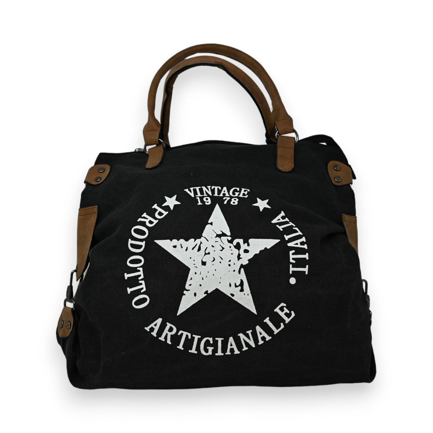 Schwarze Vintage-Handtasche mit weißem Stern-Logo, braunen Griffen und 'Artigianale' Schriftzug, Jahrgang 1978