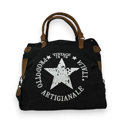 Schwarze Vintage-Handtasche mit weißem Stern-Logo, braunen Griffen und 'Artigianale' Schriftzug, Jahrgang 1978