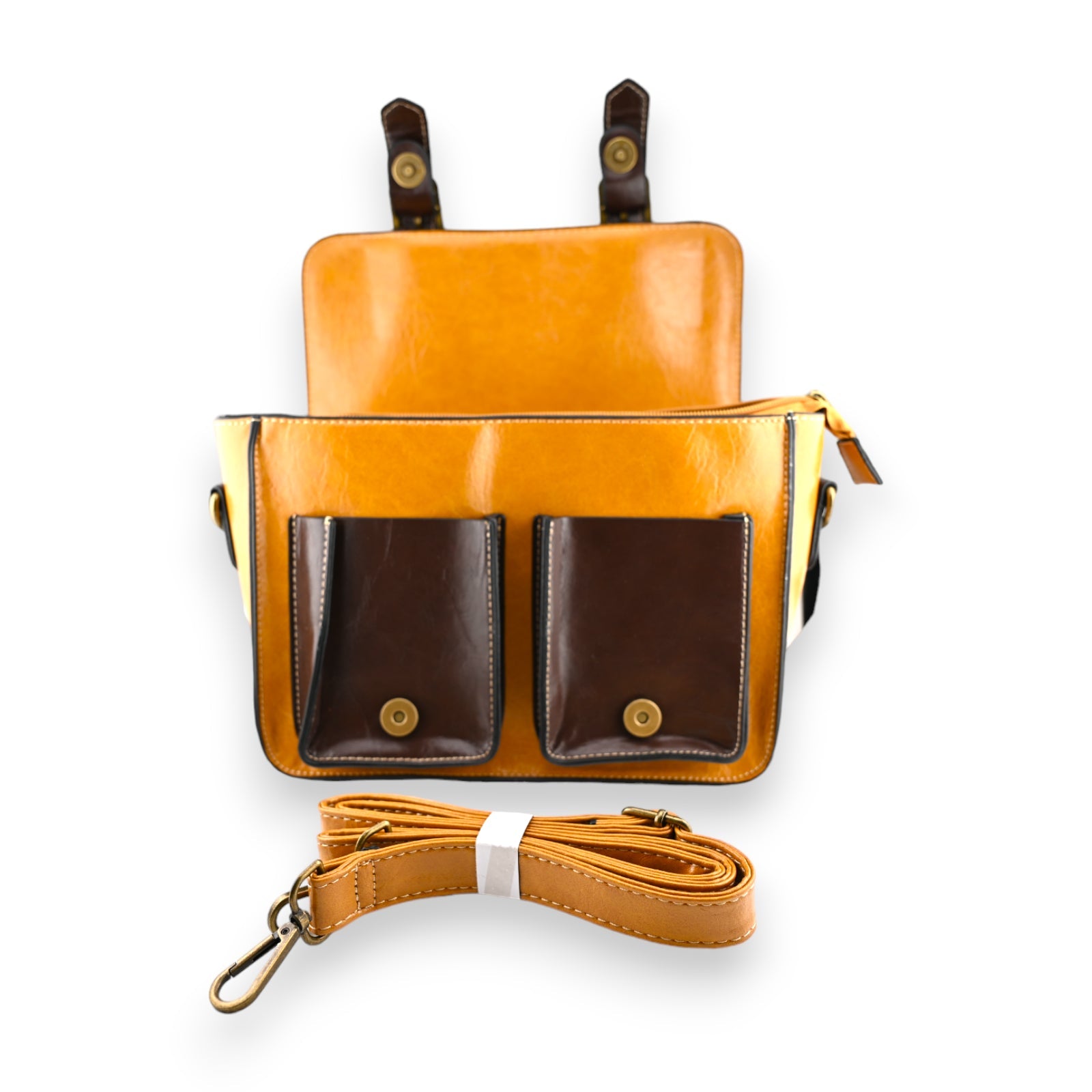 Vintage Ledertasche in Orange und Braun mit abnehmbarem Schultergurt, zwei Vordertaschen und Druckknopfverschlüssen